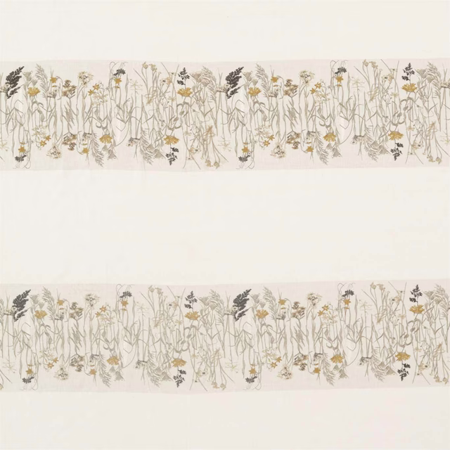 Pale botanical stripe fabric with sable stems and corn-yellow flowers on an ivory ground