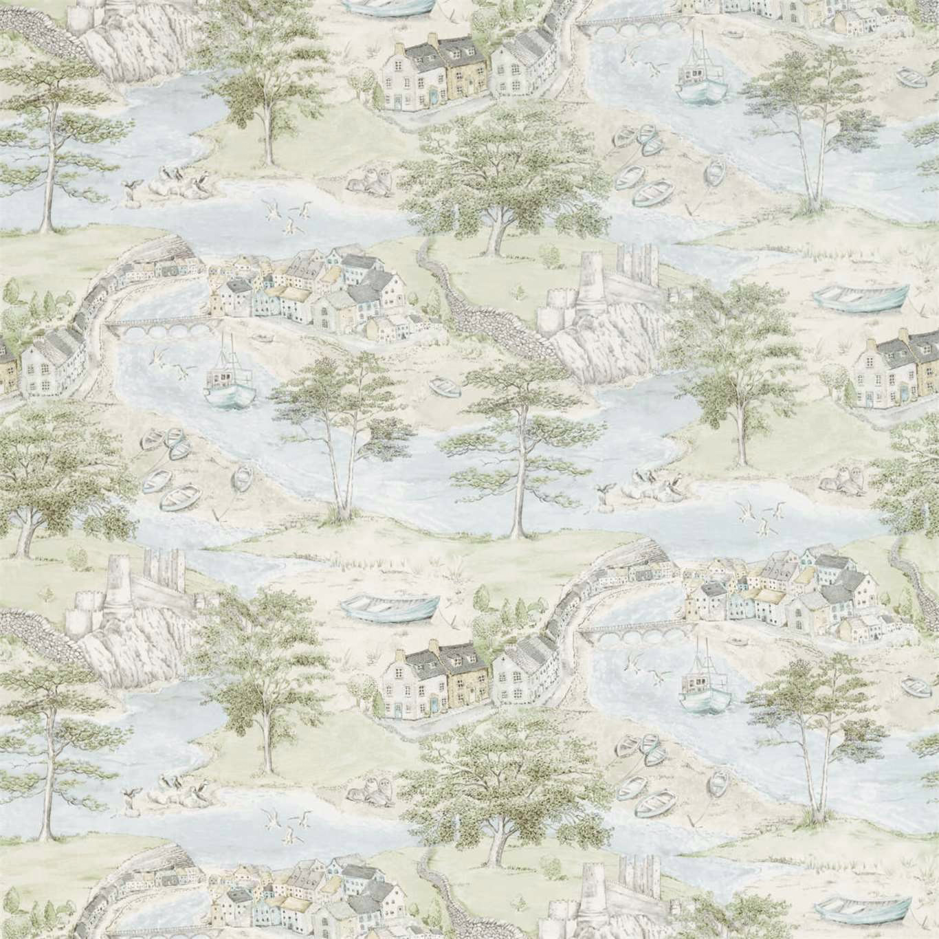 Pale coastal scene fabric with soft blue waterways, cottages and trees