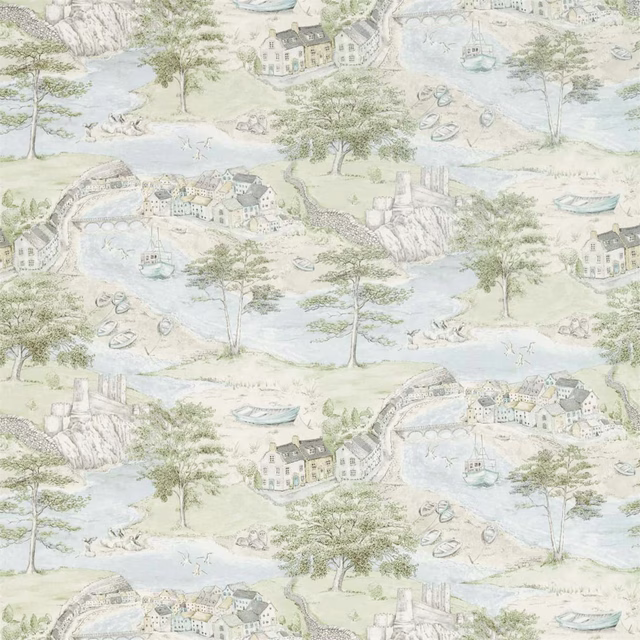 Pale coastal scene fabric with soft blue waterways, cottages and trees