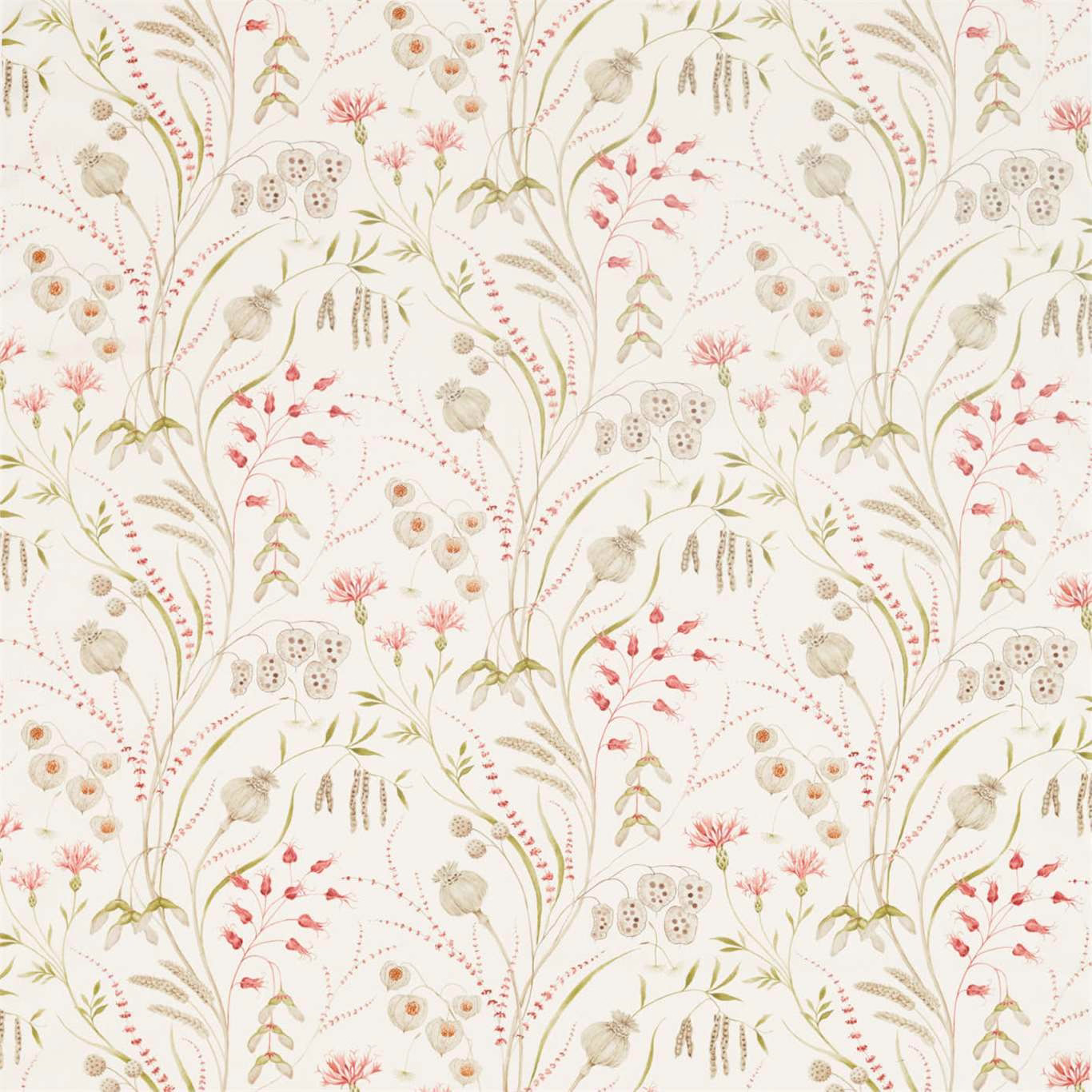 Light-ground floral fabric with claret blooms, olive stems and soft botanical sprigs