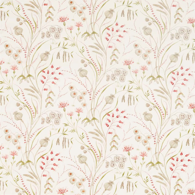 Light-ground floral fabric with claret blooms, olive stems and soft botanical sprigs