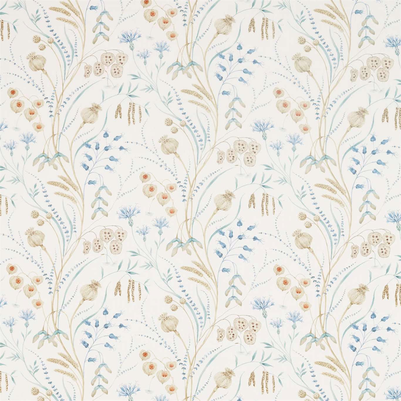 Cream ground floral fabric with cornflower blue stems and wheat-gold seedheads