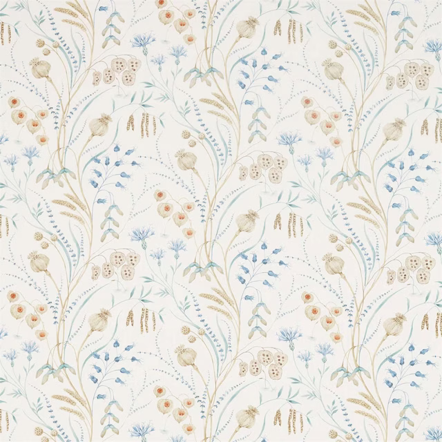 Cream ground floral fabric with cornflower blue stems and wheat-gold seedheads