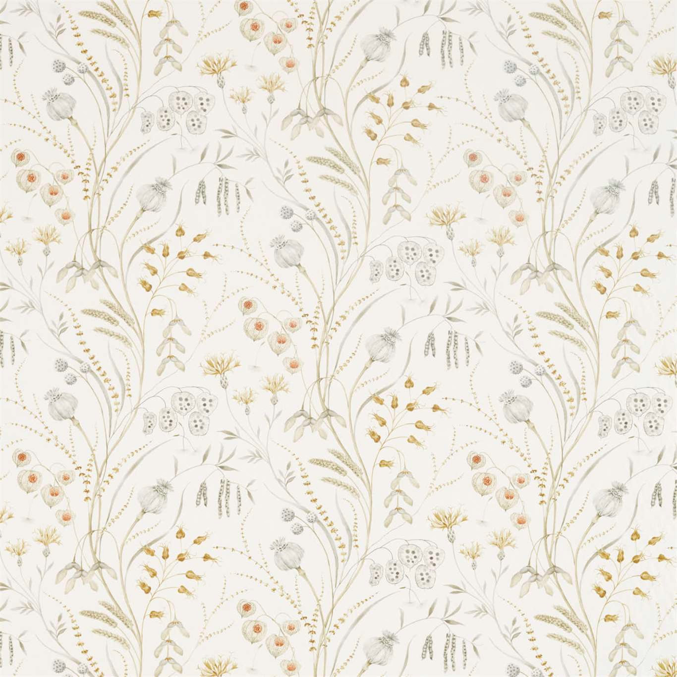 Ivory botanical fabric with silver stems, corn accents and small seedhead motifs