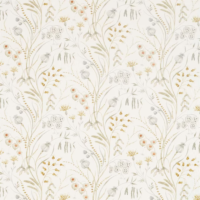 Ivory botanical fabric with silver stems, corn accents and small seedhead motifs