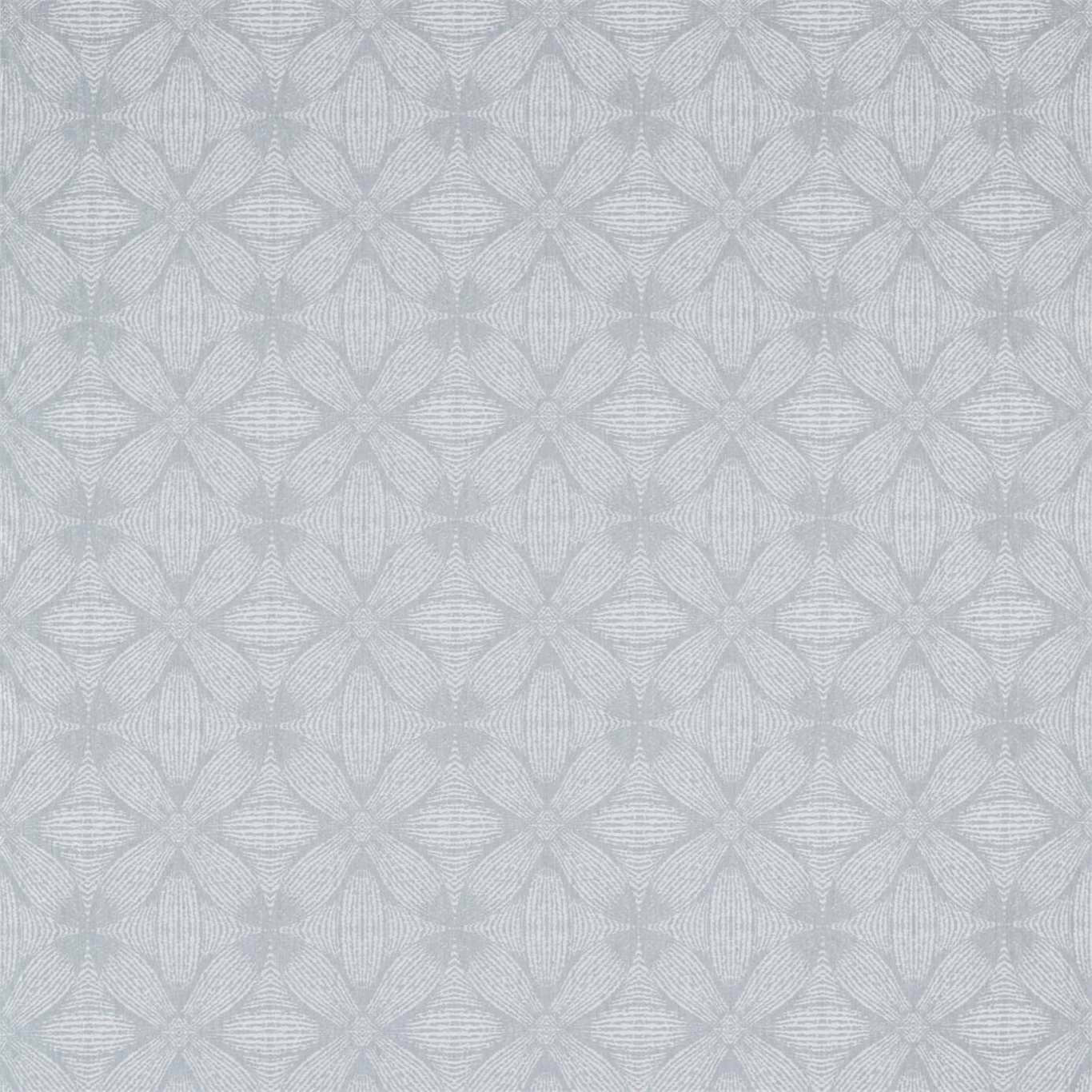 Pale mist grey woven fabric with repeated leaf-like geometric motif