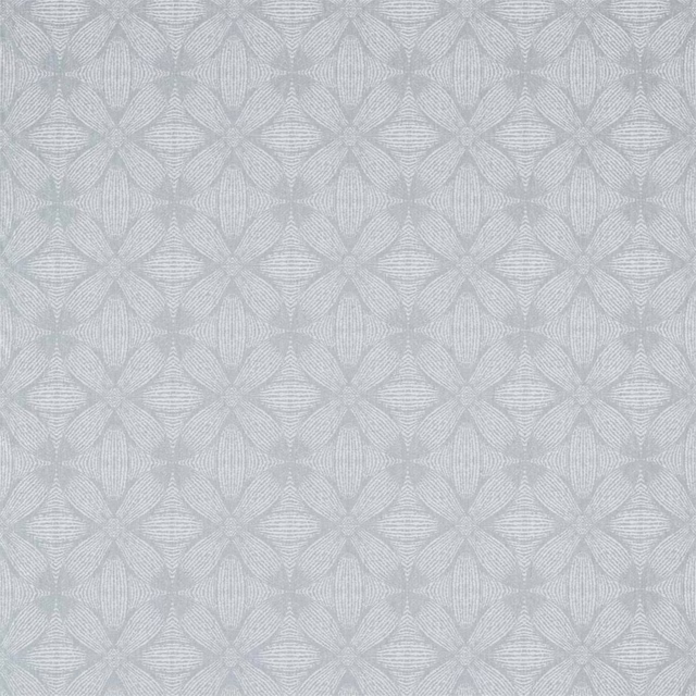 Pale mist grey woven fabric with repeated leaf-like geometric motif