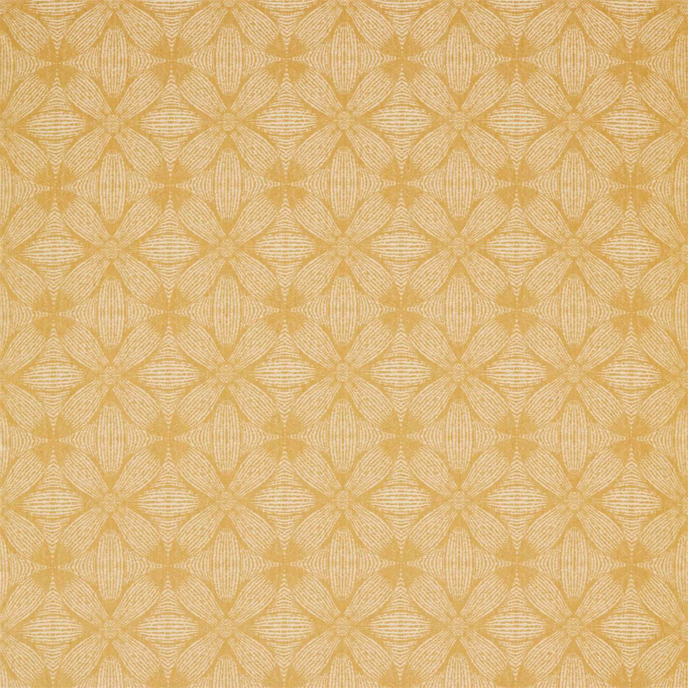 Mustard yellow woven fabric with repeating petal geometric motif and fine texture