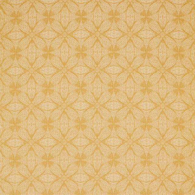 Mustard yellow woven fabric with repeating petal geometric motif and fine texture