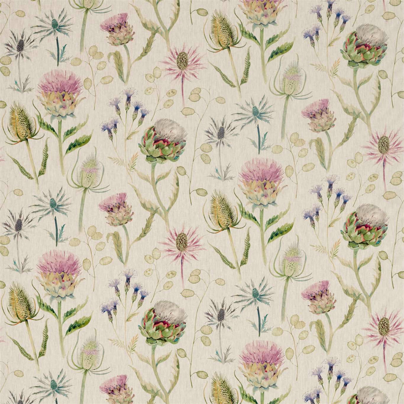 Painterly thistle floral on a soft cream linen-look ground with pink and sage accents