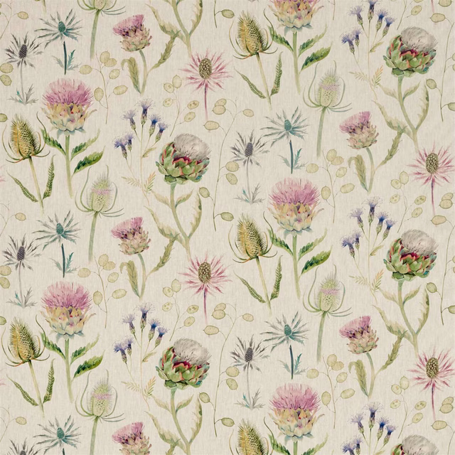Painterly thistle floral on a soft cream linen-look ground with pink and sage accents