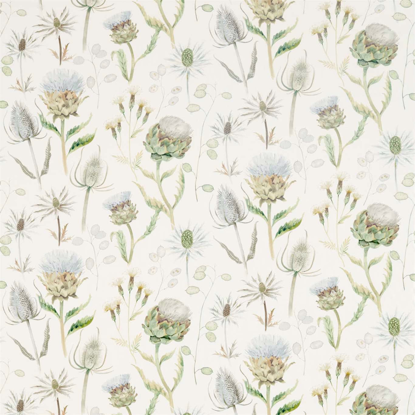 Watercolour thistle and seedhead print in mist, pebble and sage on ivory ground