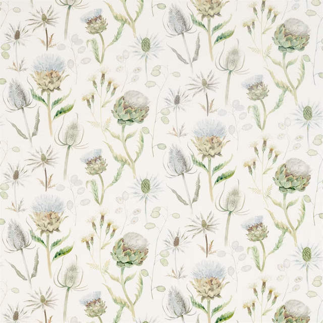 Watercolour thistle and seedhead print in mist, pebble and sage on ivory ground
