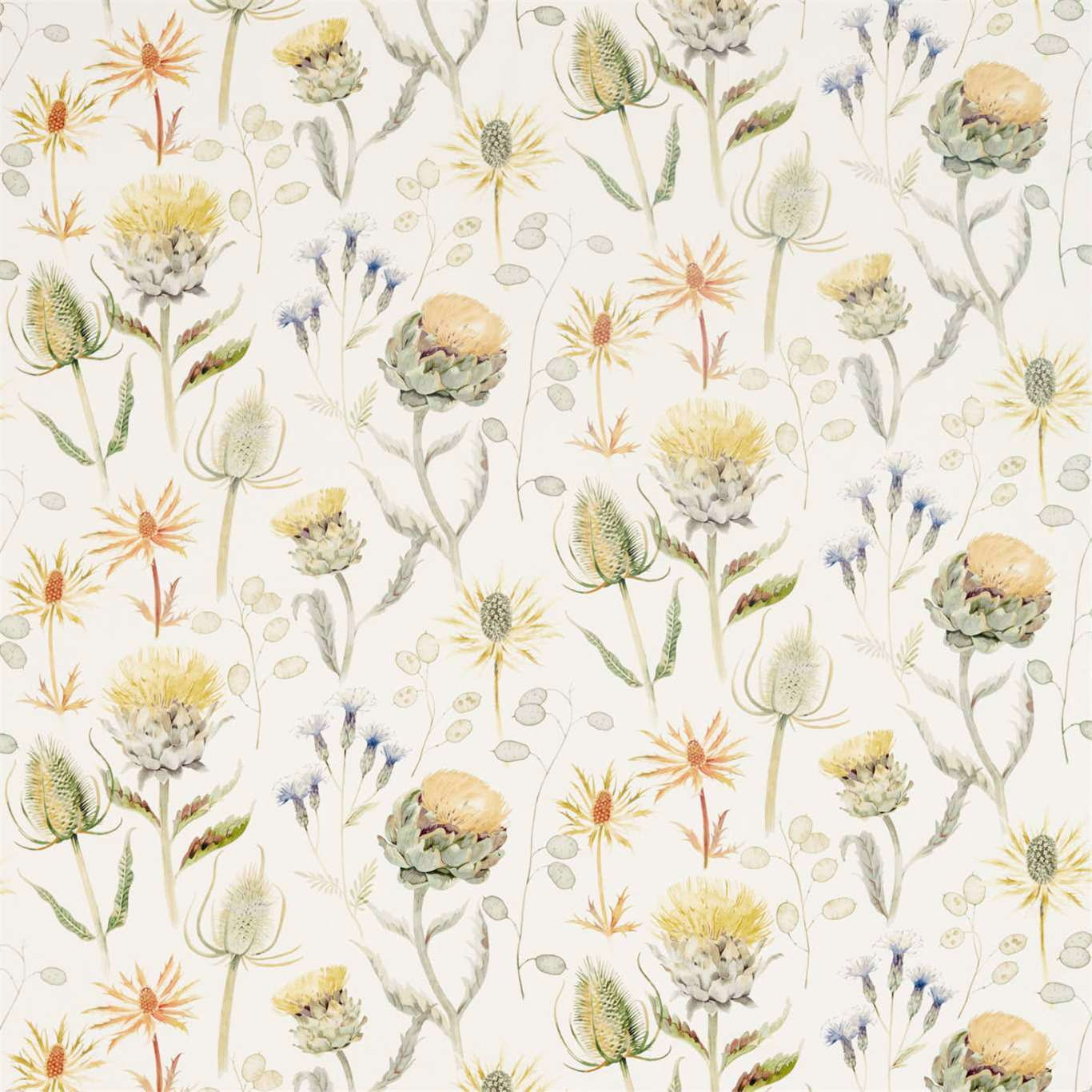 Pale botanical fabric with ochre thistles, olive stems and soft blue seedheads