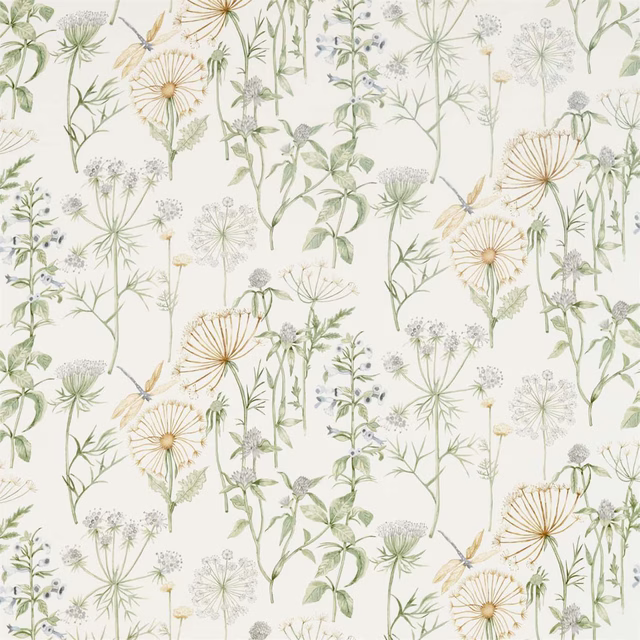 Pale botanical fabric with sage leaves, silver seed heads and soft yellow details
