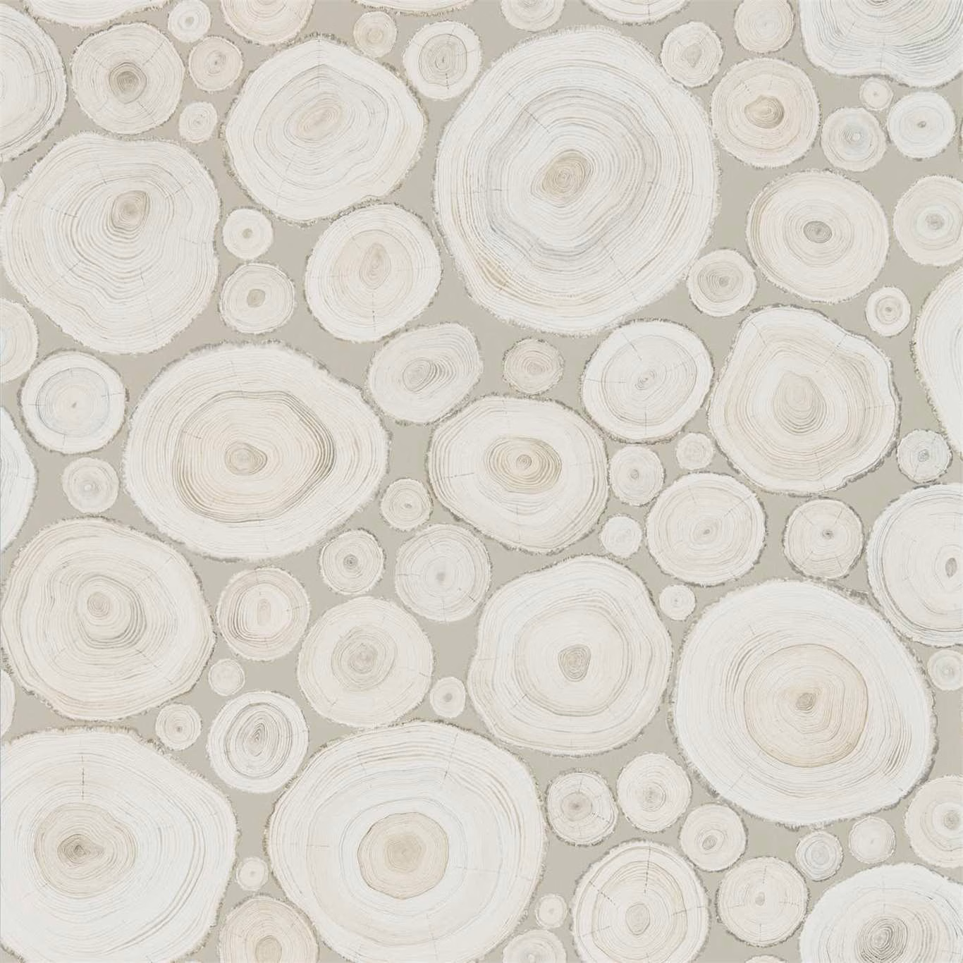 Pale ash-grey wallpaper with ivory concentric tree-ring motifs in varied sizes