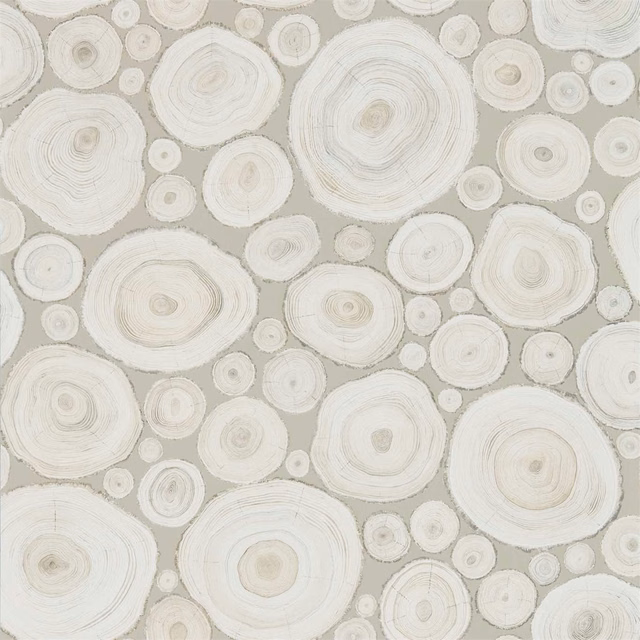 Pale ash-grey wallpaper with ivory concentric tree-ring motifs in varied sizes