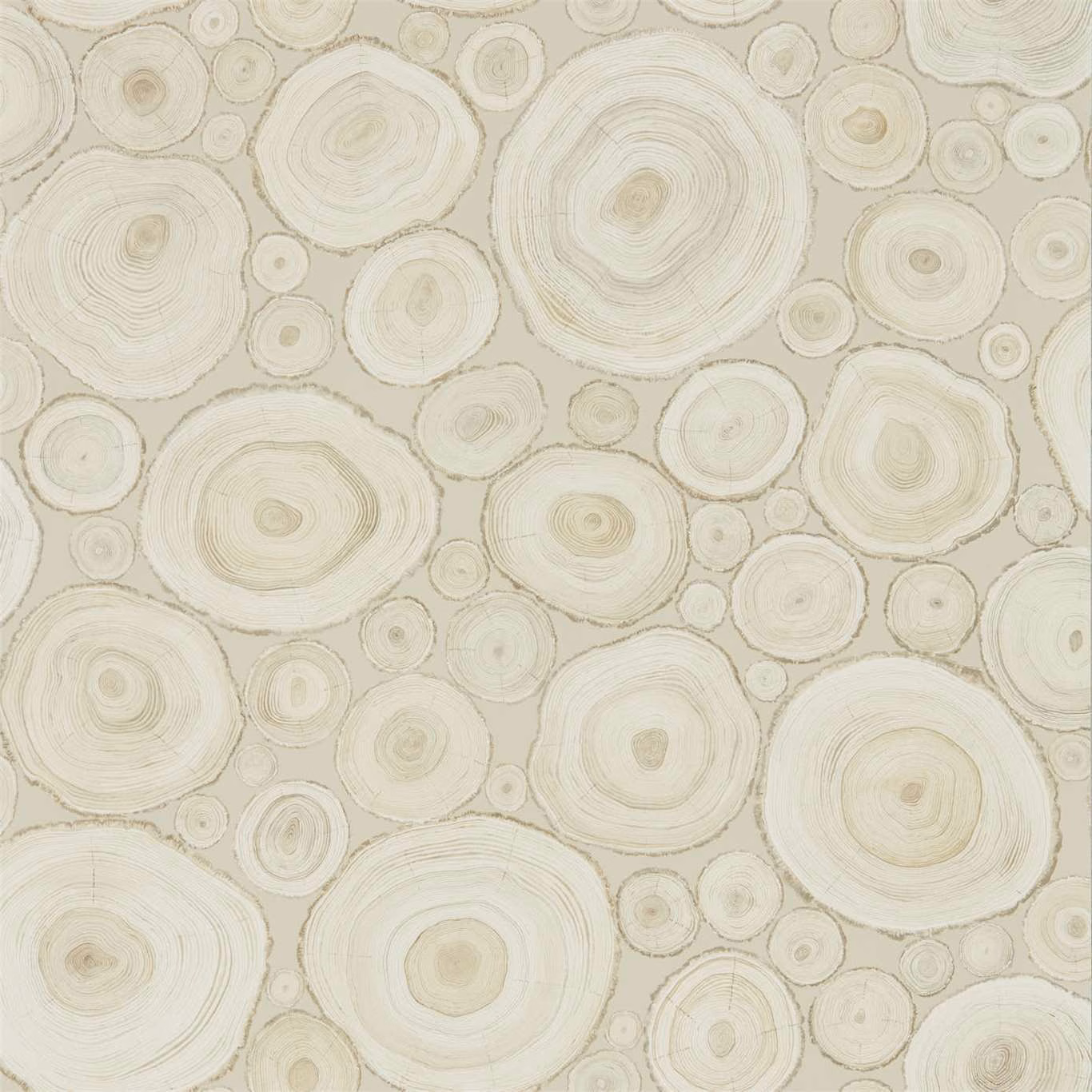 Pale cream wallpaper with densely packed concentric tree-ring motifs and fine taupe outlines