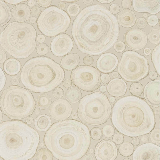 Pale cream wallpaper with densely packed concentric tree-ring motifs and fine taupe outlines
