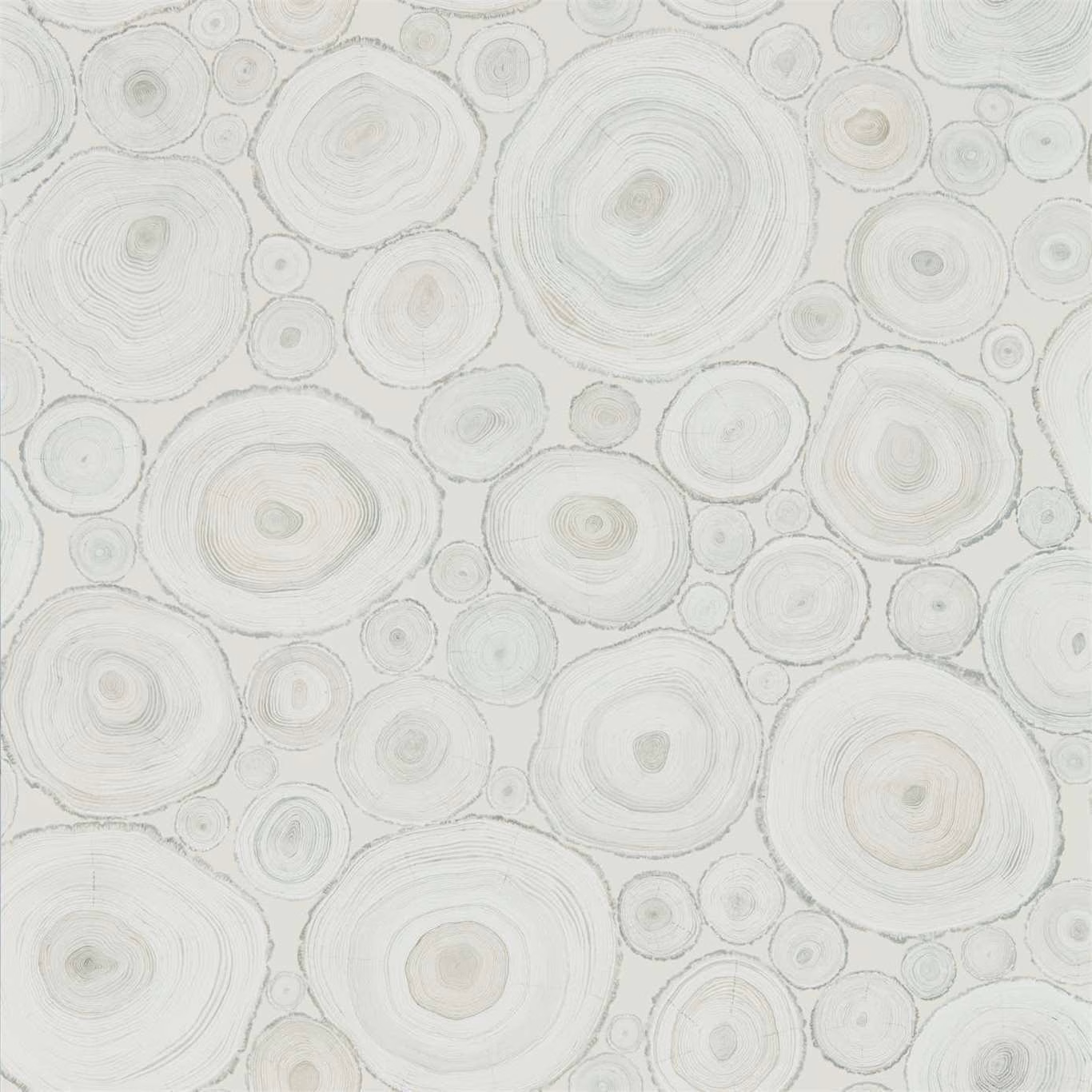 Pale driftwood wallpaper with overlapping hand-drawn tree rings in grey and beige
