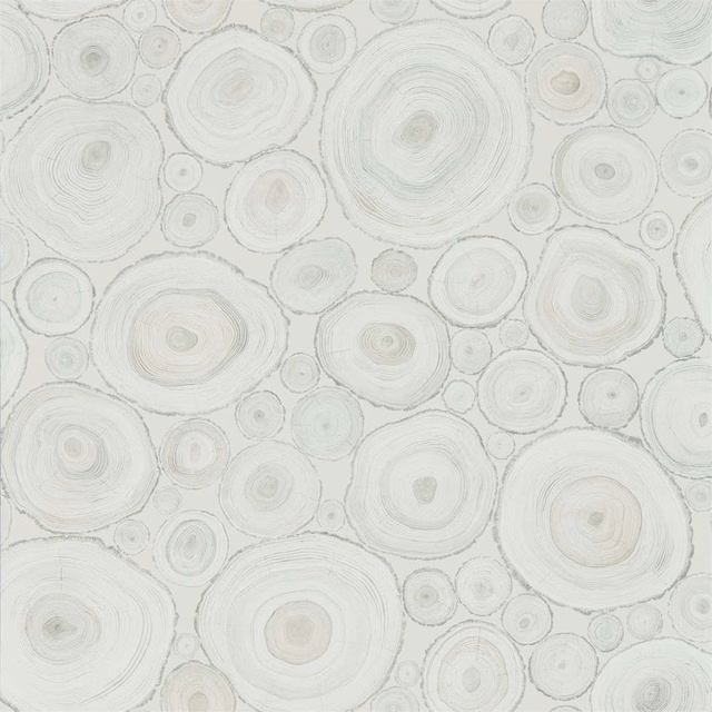 Pale driftwood wallpaper with overlapping hand-drawn tree rings in grey and beige