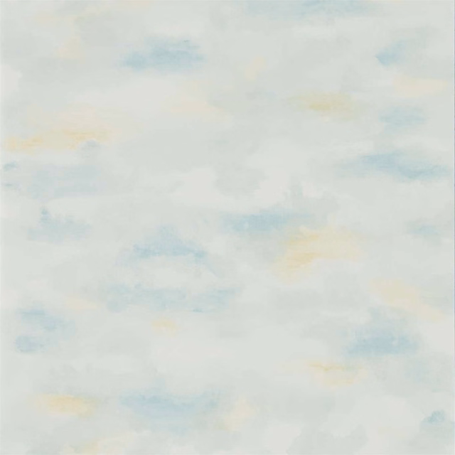 Pale estuary-blue wallpaper with airy aqua, cream and soft yellow clouded washes