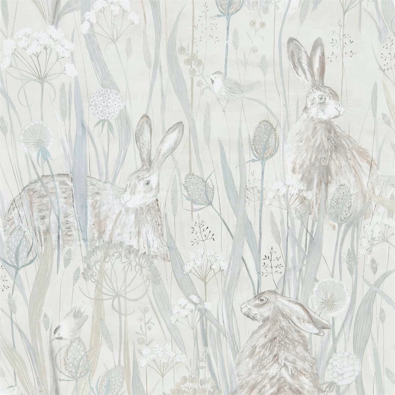 Pale mist-grey wallpaper with hares, tall grasses and delicate seedheads