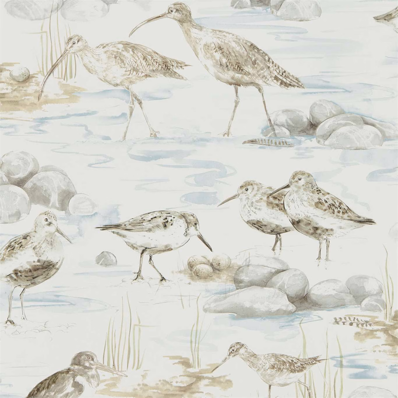 Pale blue-grey wallpaper with illustrated wading birds, stones, reeds and shallow water ripples