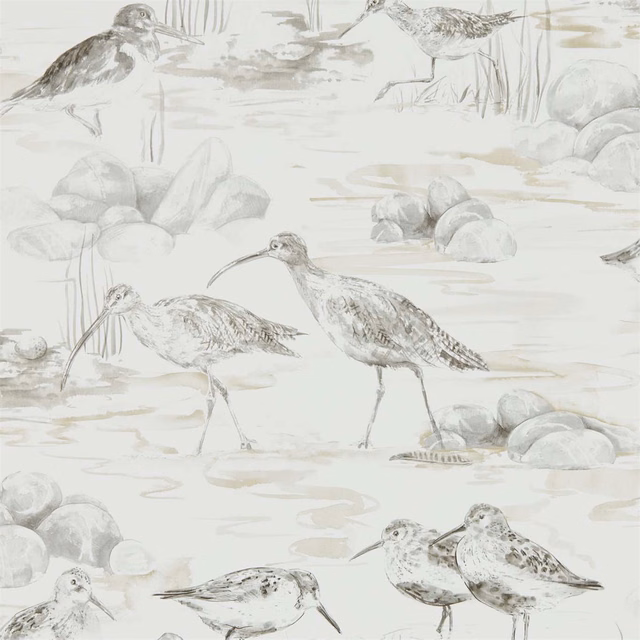 Chalk wallpaper with sepia wading birds, shore rocks and pale water washes