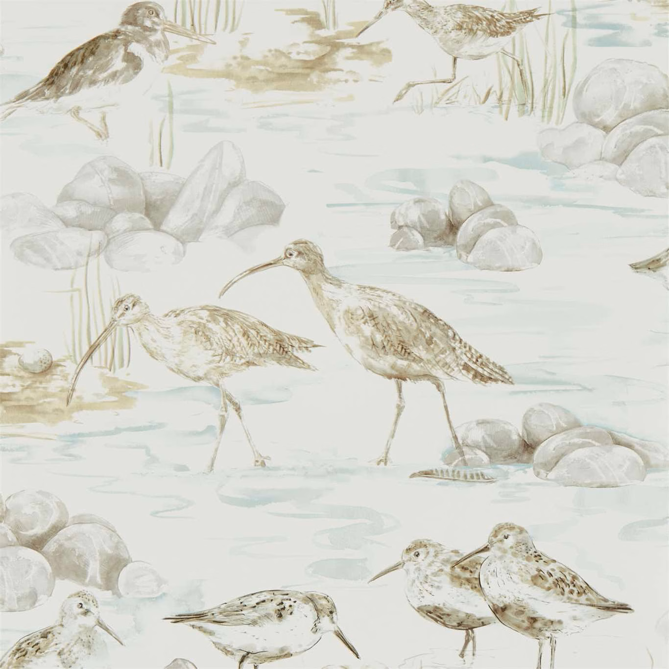 Mist ivory wallpaper with brown-grey wading birds, reeds, rocks and pale aqua water