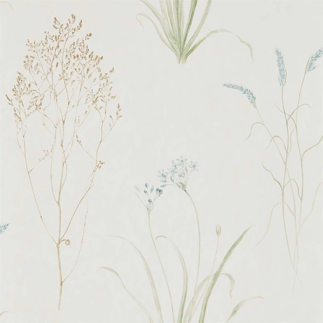 Pale cream wallpaper with airy sage grasses, seed heads and fine blue-grey stems