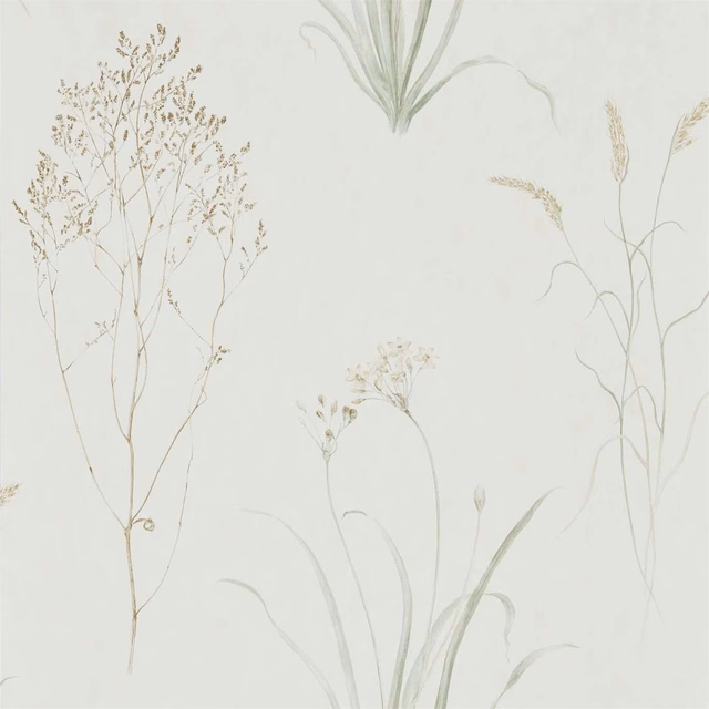 Pale pebble wallpaper with airy willow grasses, seed heads and sweeping leaves