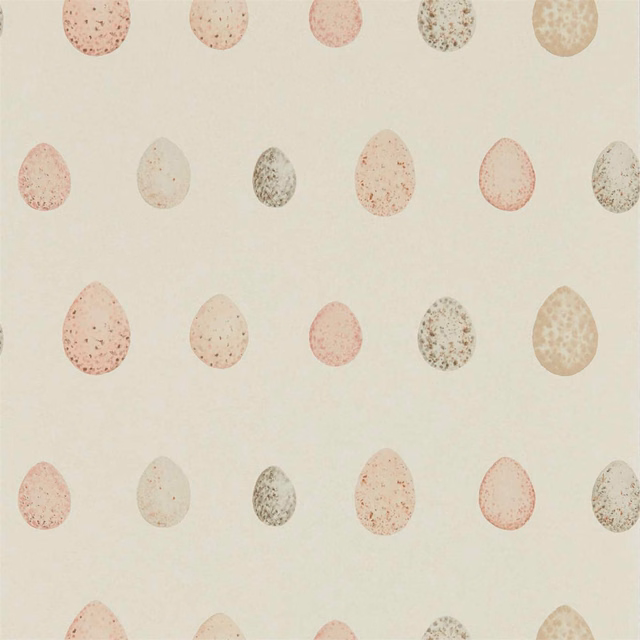 Blush pink and peach egg motifs scattered across a warm cream wallpaper ground