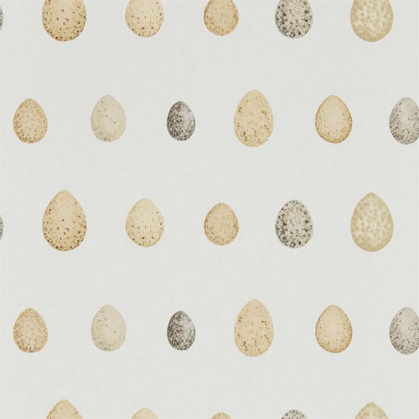 Pale grey wallpaper with cream, beige and graphite-speckled egg motifs
