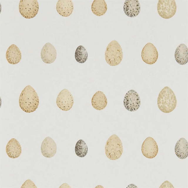 Pale grey wallpaper with cream, beige and graphite-speckled egg motifs