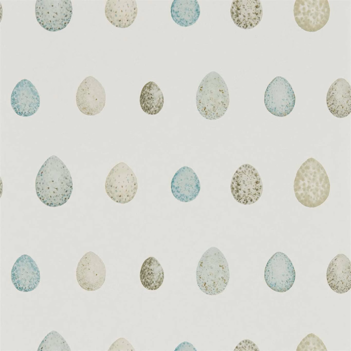 Mottled aqua, sage and olive egg motifs scattered across a pale ivory wallpaper ground