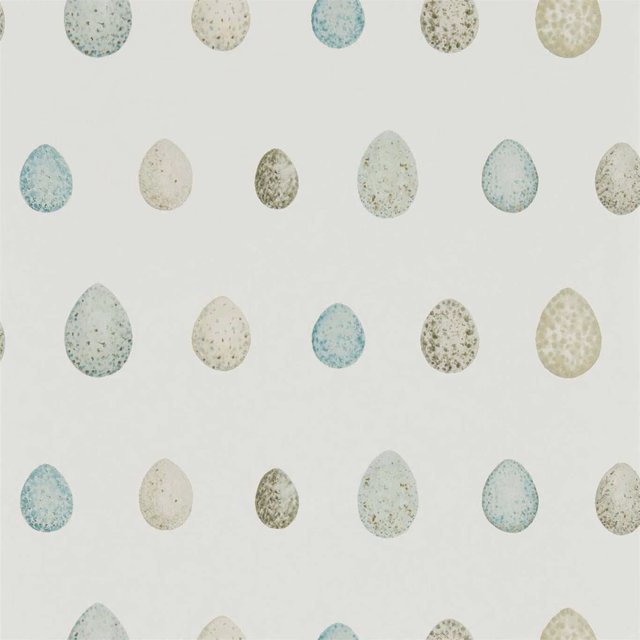 Mottled aqua, sage and olive egg motifs scattered across a pale ivory wallpaper ground