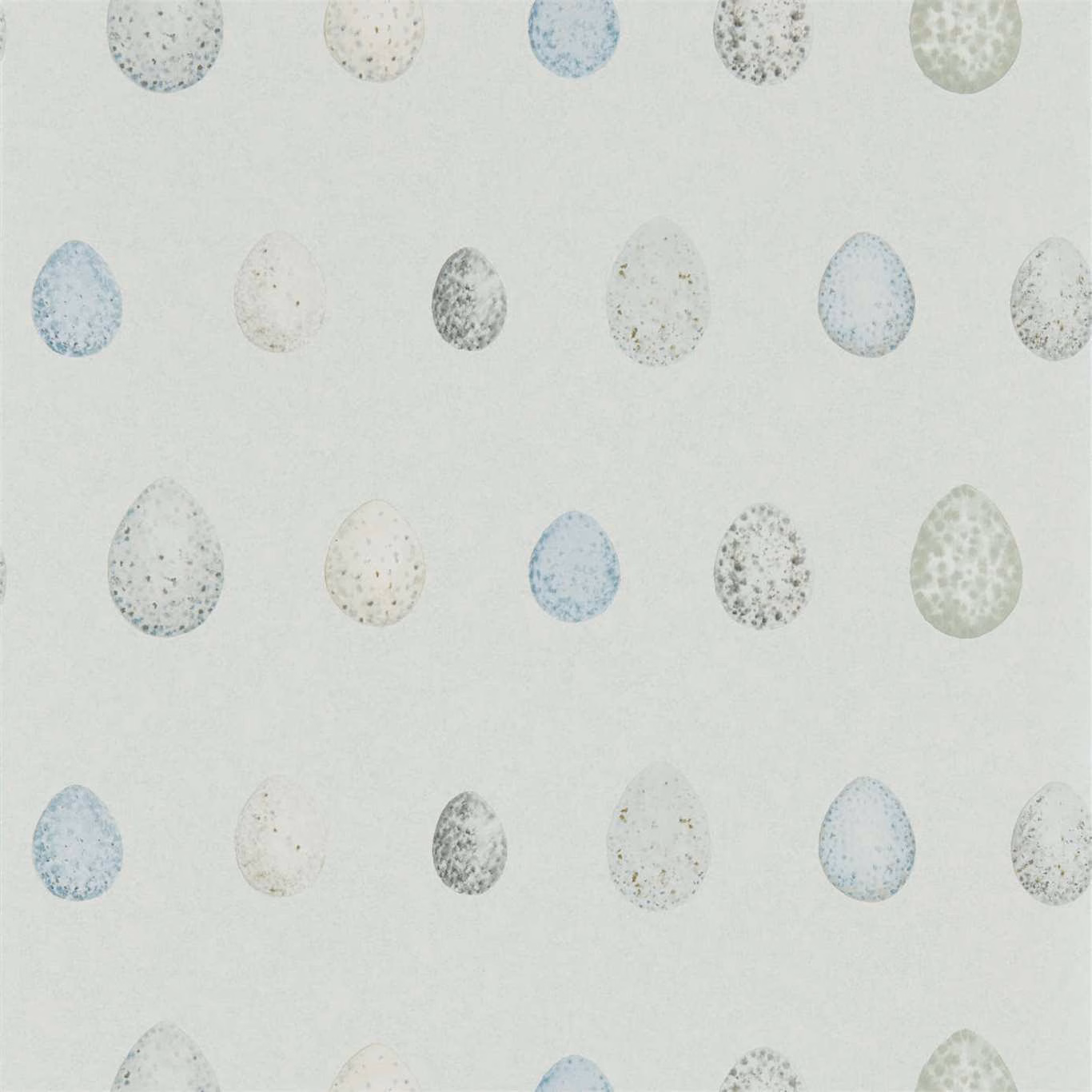 Pale aqua wallpaper with alternating speckled blue, charcoal, cream and sage egg motifs