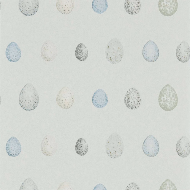 Pale aqua wallpaper with alternating speckled blue, charcoal, cream and sage egg motifs