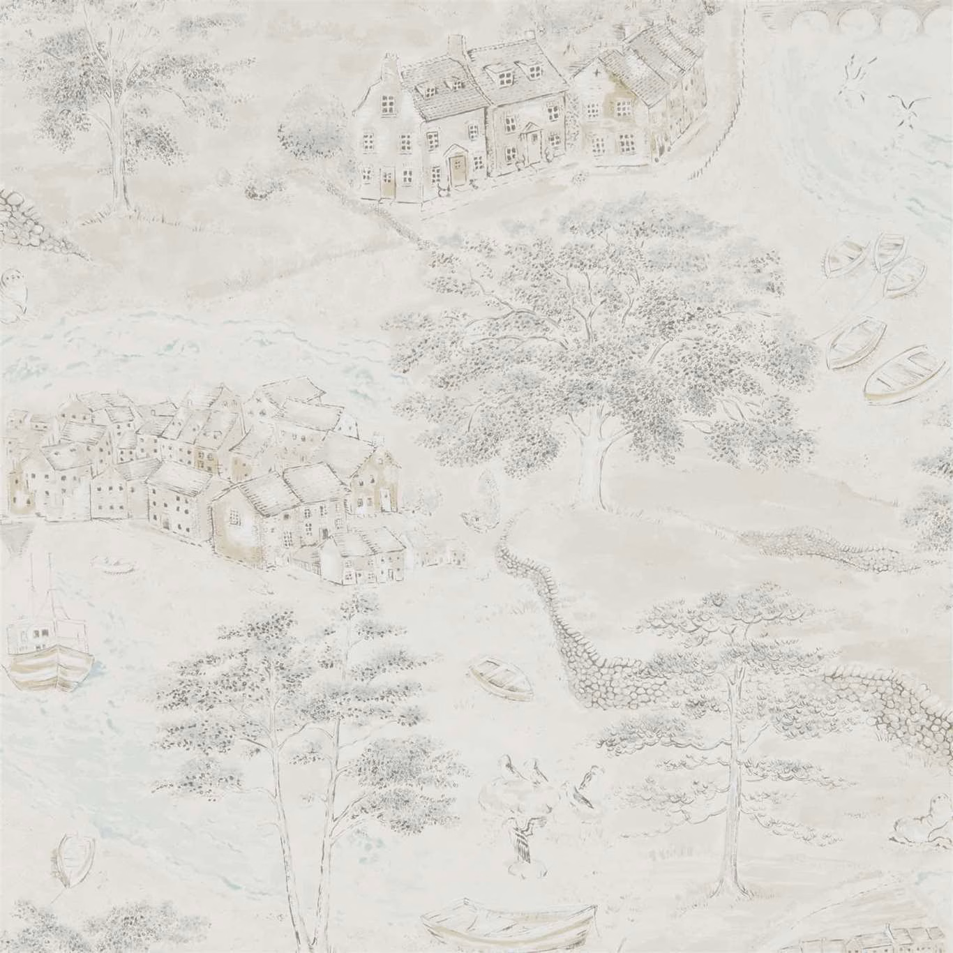 Chalk wallpaper with silver coastal houses, trees, boats and shoreline