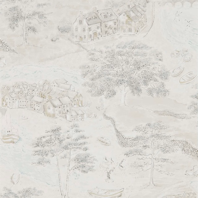 Chalk wallpaper with silver coastal houses, trees, boats and shoreline