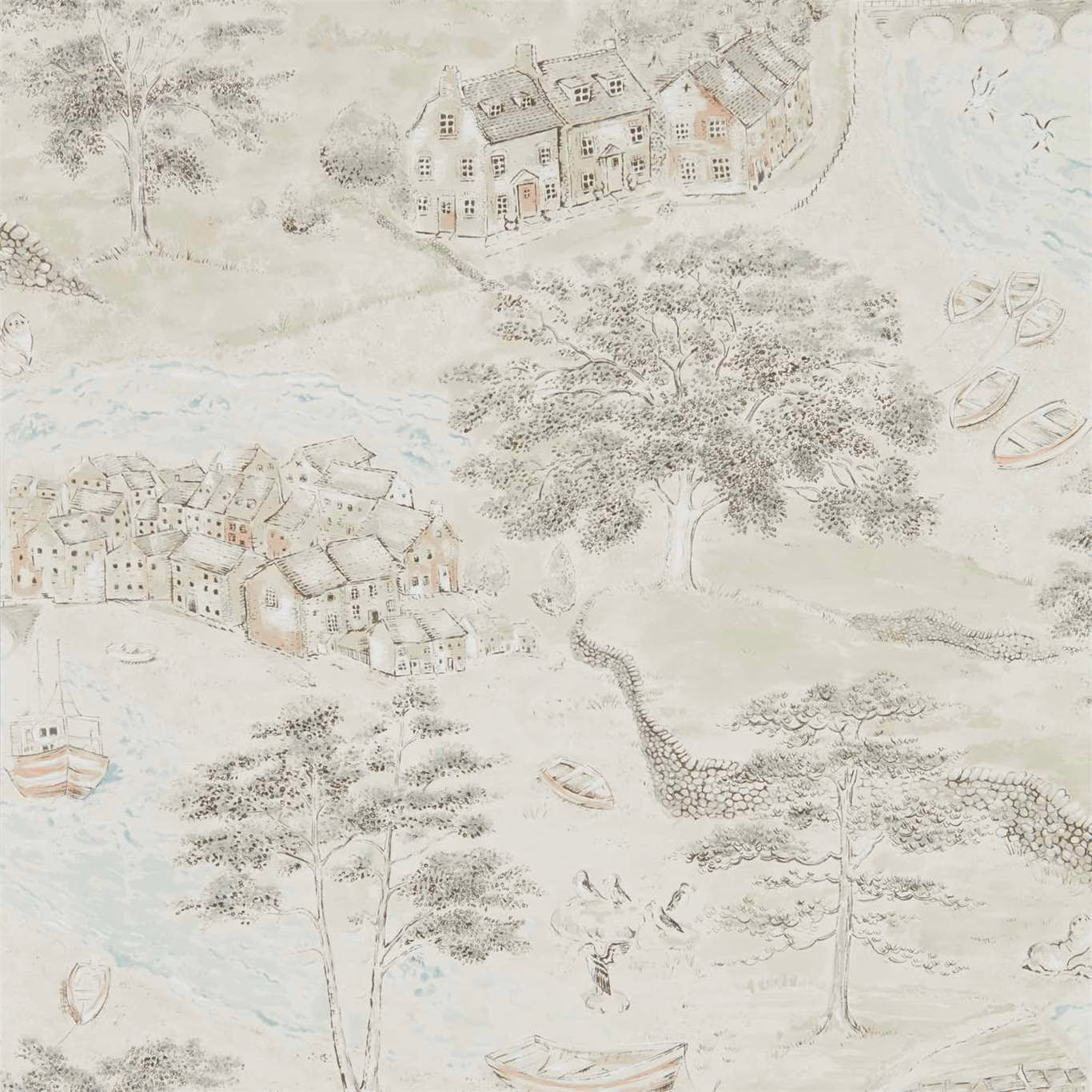 Charcoal coastal village wallpaper on linen ground with trees, boats and pale blue details