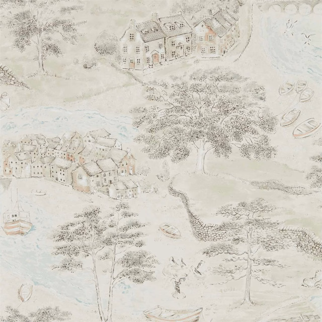 Charcoal coastal village wallpaper on linen ground with trees, boats and pale blue details