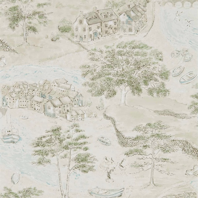 Pale sage and sand coastal village wallpaper with trees, boats and stone walls