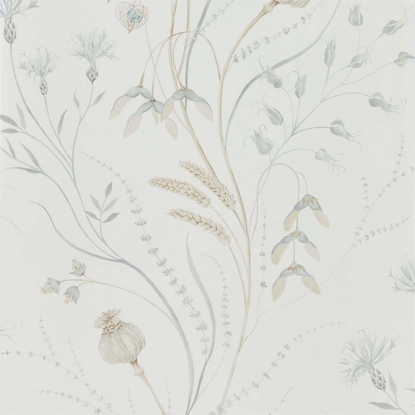 Silver-grey botanical stems and seed heads on a chalk-white wallpaper ground