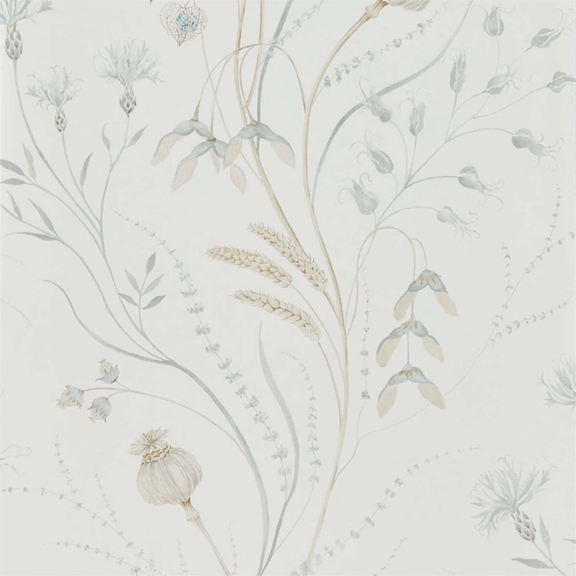 Silver-grey botanical stems and seed heads on a chalk-white wallpaper ground