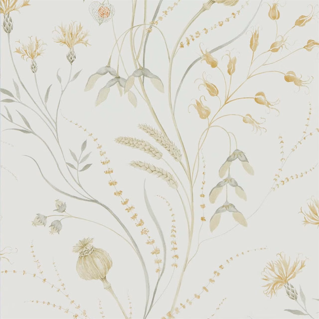 Pale silver wallpaper with sage stems, wheat ears and muted corn botanical flowers