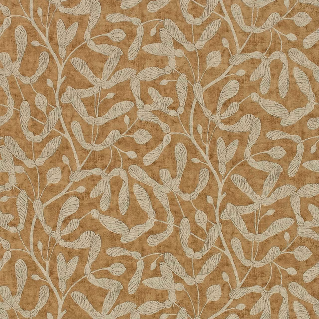 Warm copper wallpaper with softly textured ground and trailing ivory leaf branches