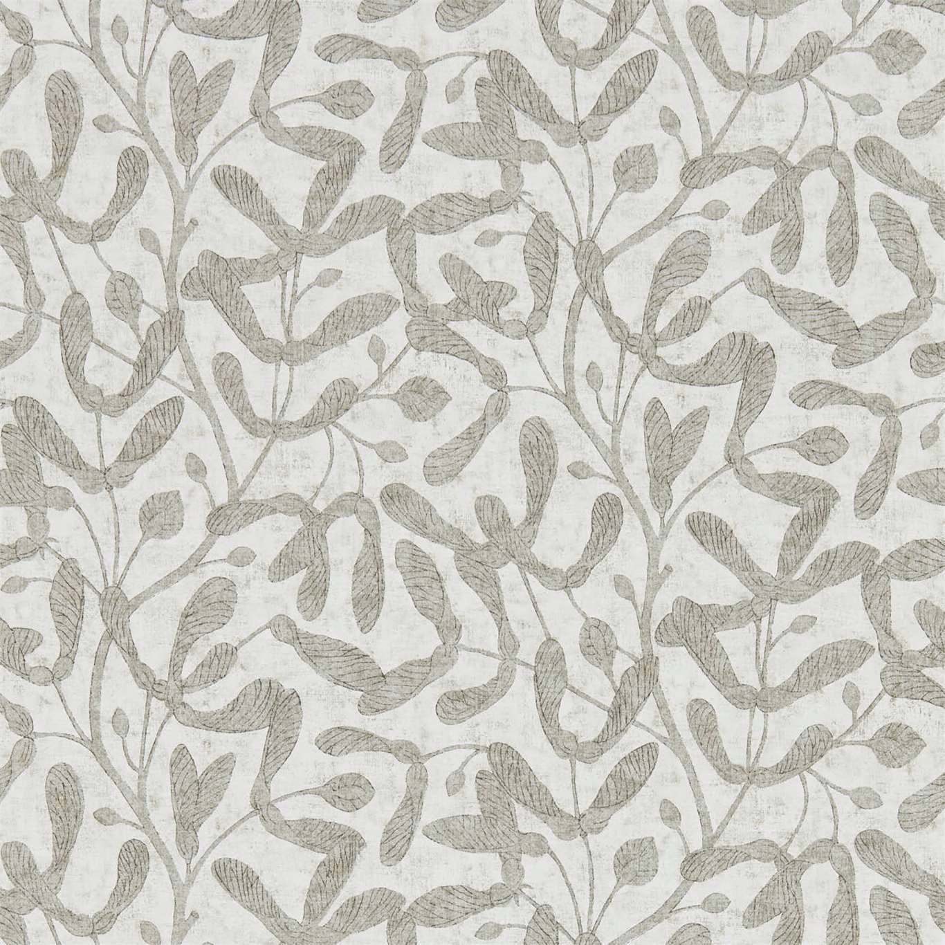 Silver-grey leafy stems and textured botanical shapes on a pale neutral wallpaper ground
