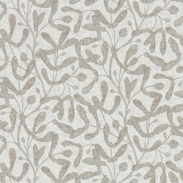 Silver-grey leafy stems and textured botanical shapes on a pale neutral wallpaper ground